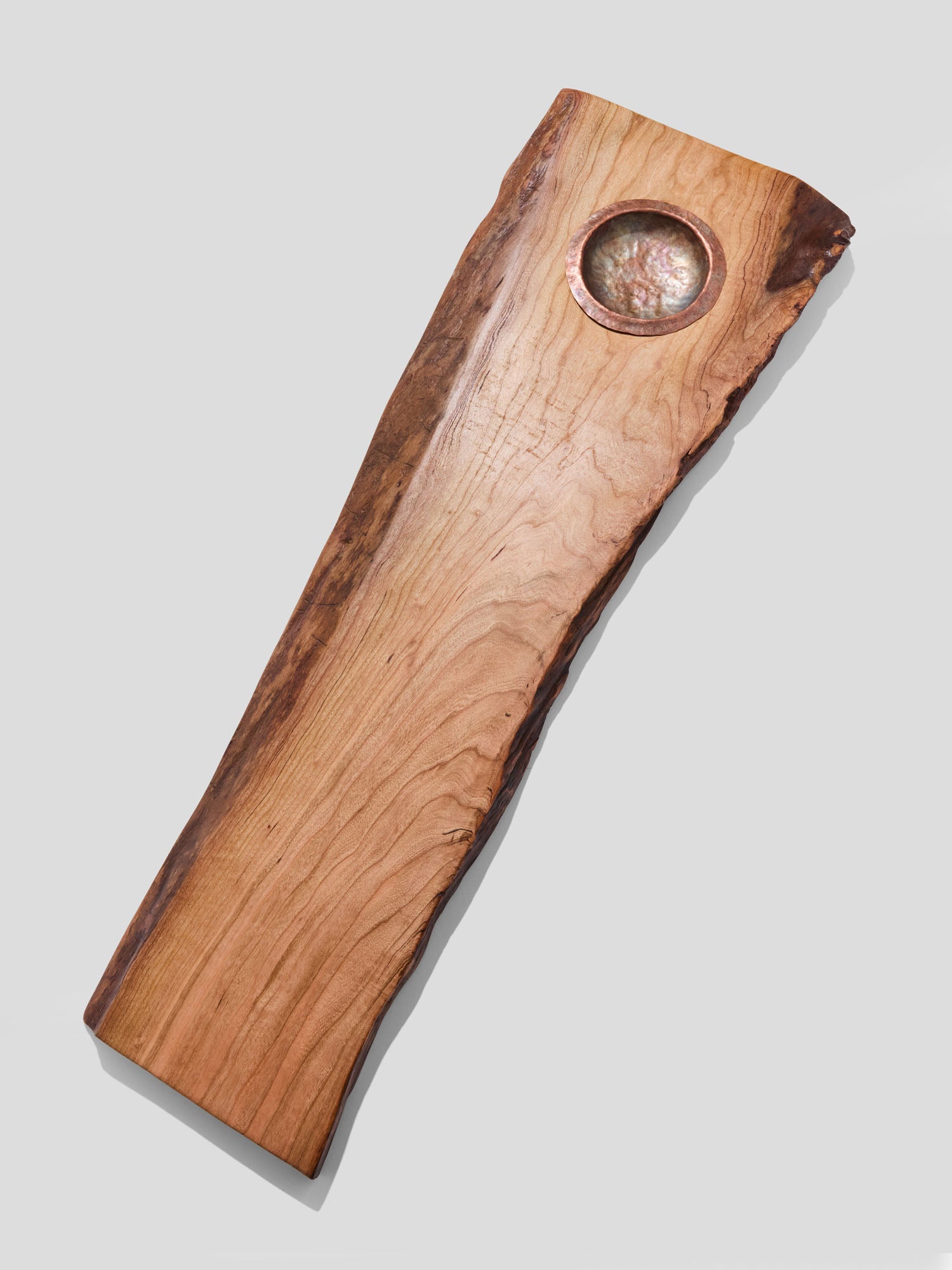 AMITHA live-edge cherry wood bath tray with a hand-hammered copper ashtray