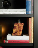 Bookshelf with books and a wooden lighter on a dark surface