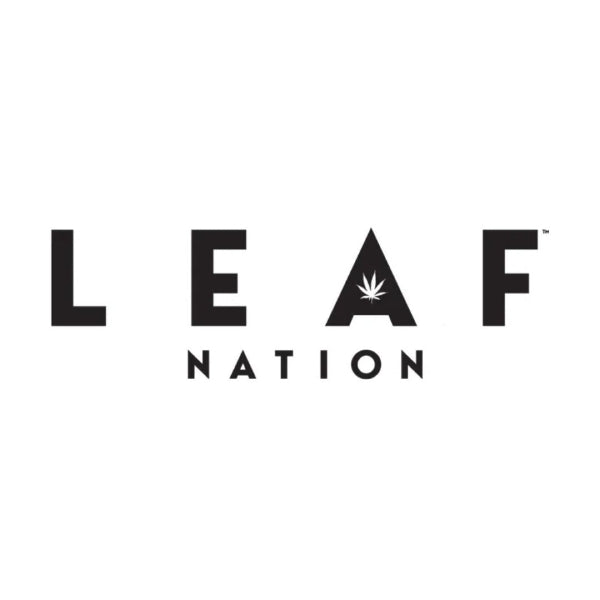 The logo for Leaf Nation, featuring the word 'LEAF' in bold black letters with a cannabis leaf icon inside the letter 'A', and 'NATION' written below on a plain white background.